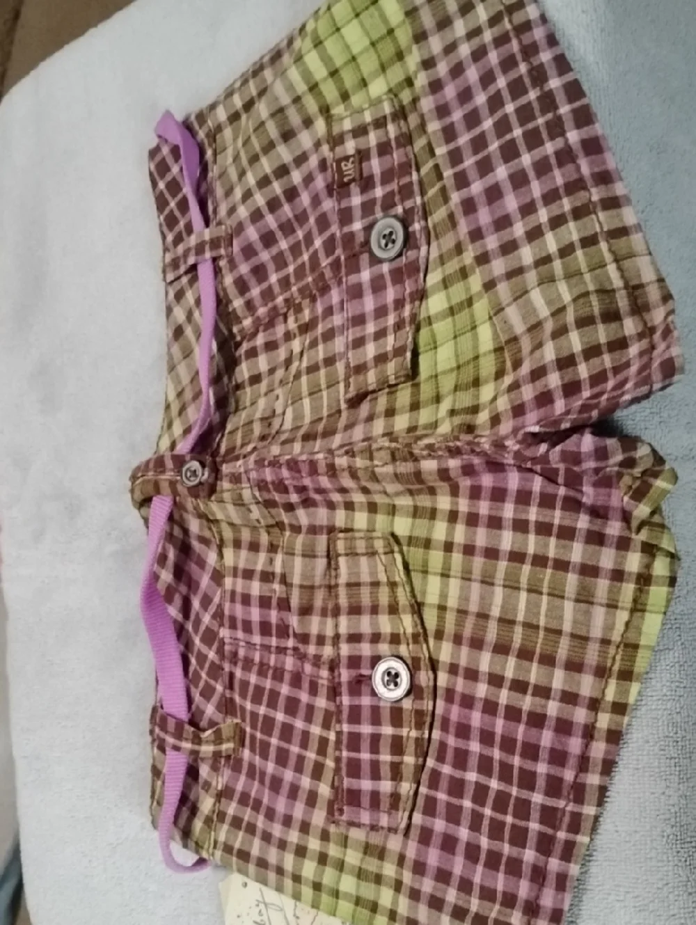 UNIONBAY Yellow-Green and Brown Plaid Shorts with Pink Belt - Picture 2 of 4